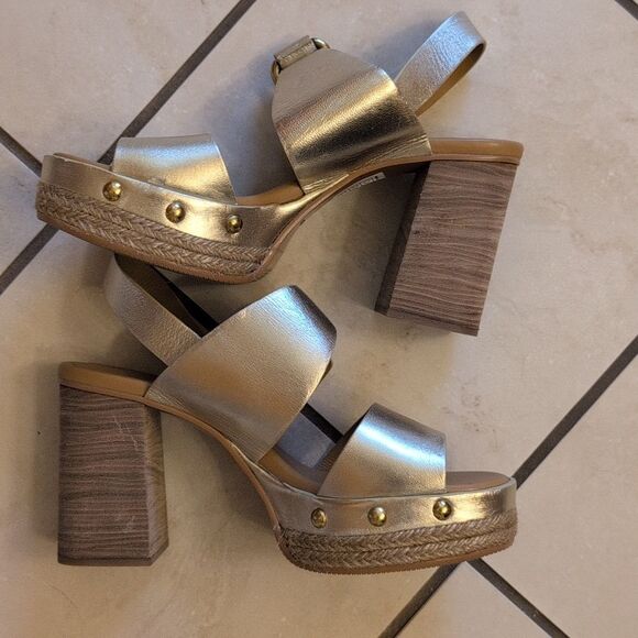 NEW See By Chloe Lamb Joline Heel Sandals Block Platform Gold FLAWED - Picture 3 of 12